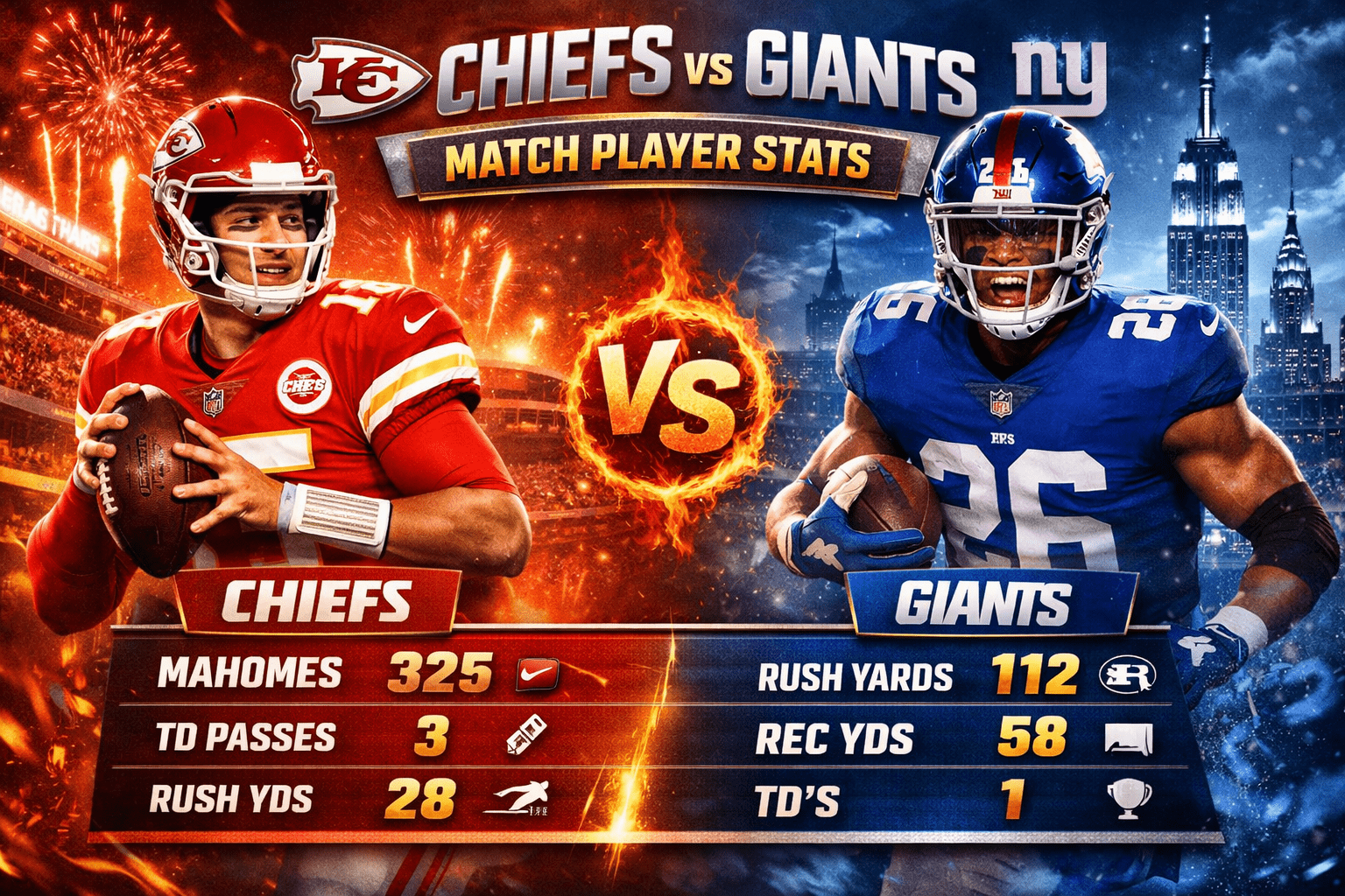 Kansas City Chiefs vs New York Giants Player Stats