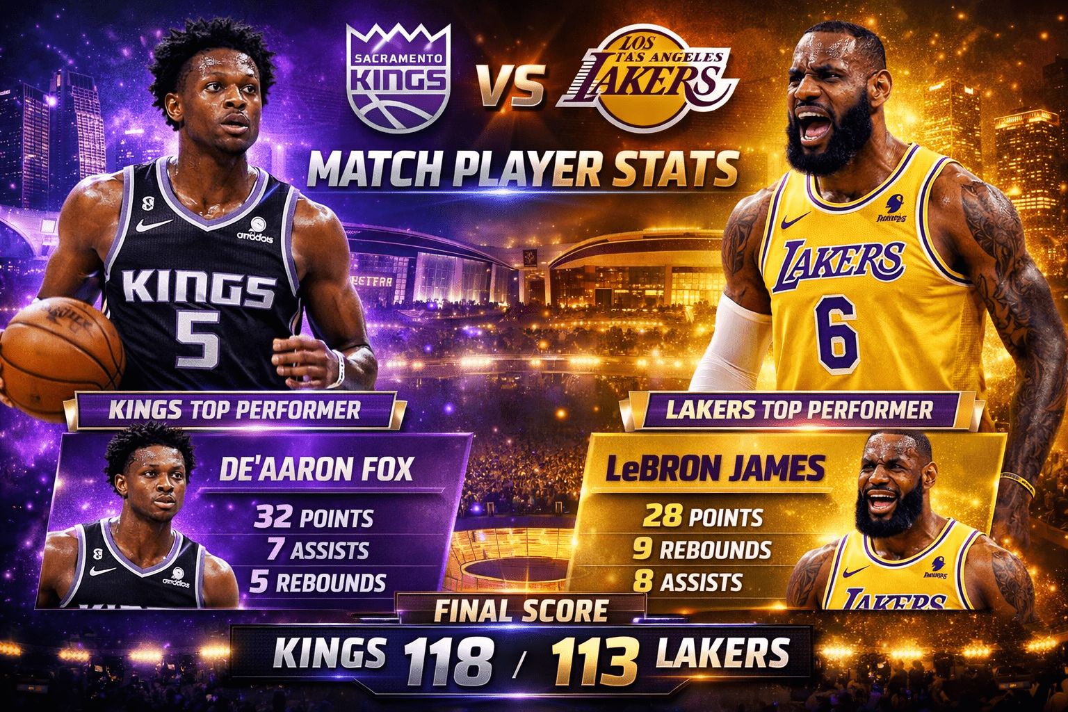 Sacramento Kings vs Lakers Match Player Stats