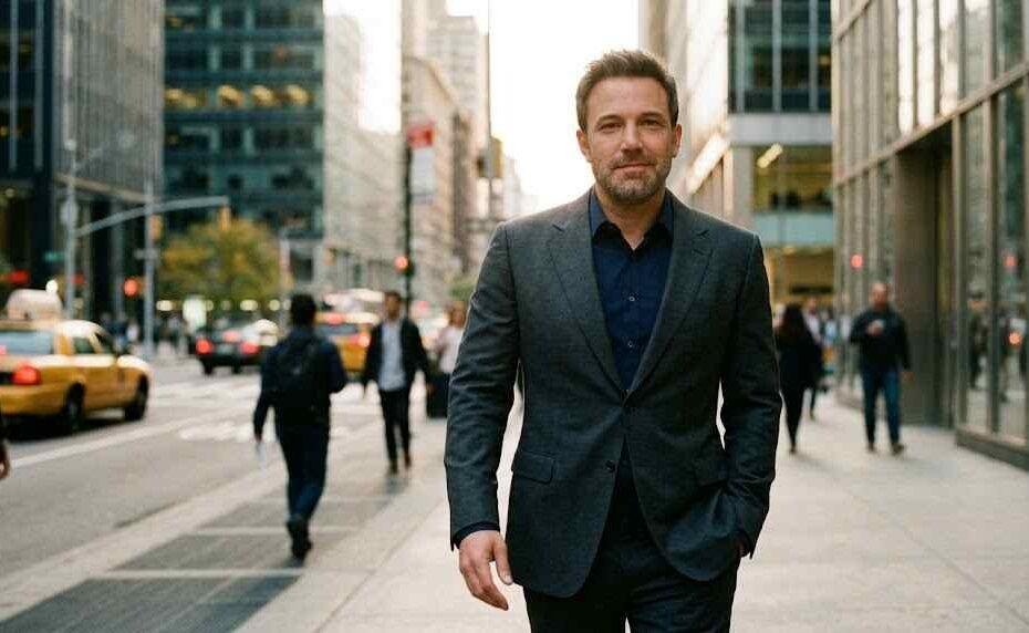 Ben Affleck walking confidently down a city sidewalk in a suit