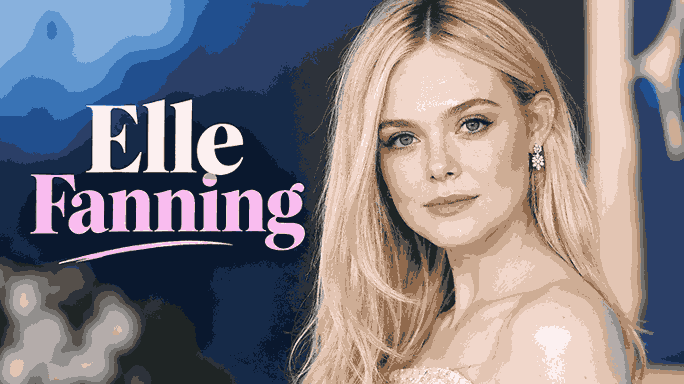 Elle Fanning portrait with blonde hair and elegant makeup